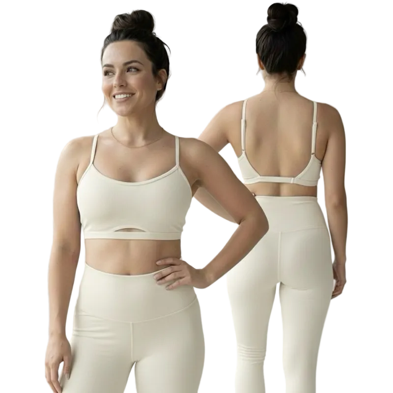 Conjunto fitness micro canelado meia lua top com bojo removível + calça legging, compressão UV50+